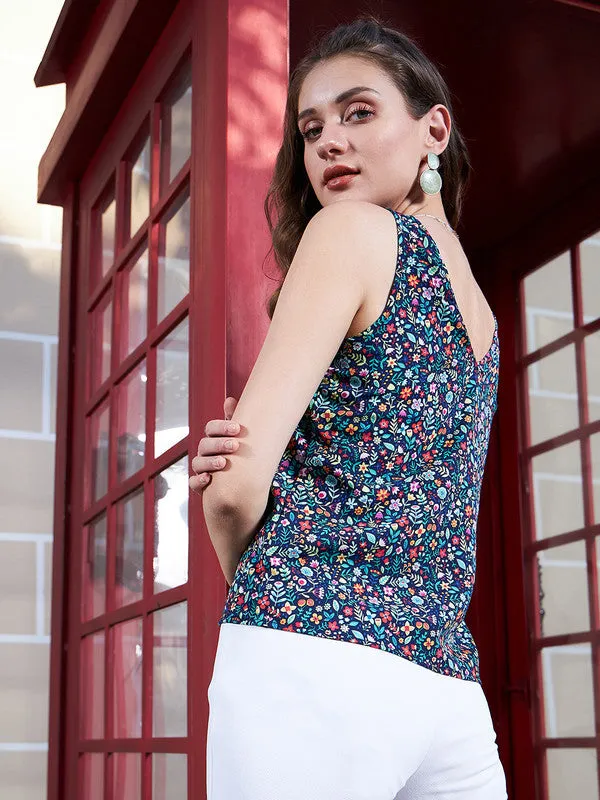 Berrylush Women Purple & Multicolour Floral Printed V-Neck Sleeveless Button-Up Regular Top