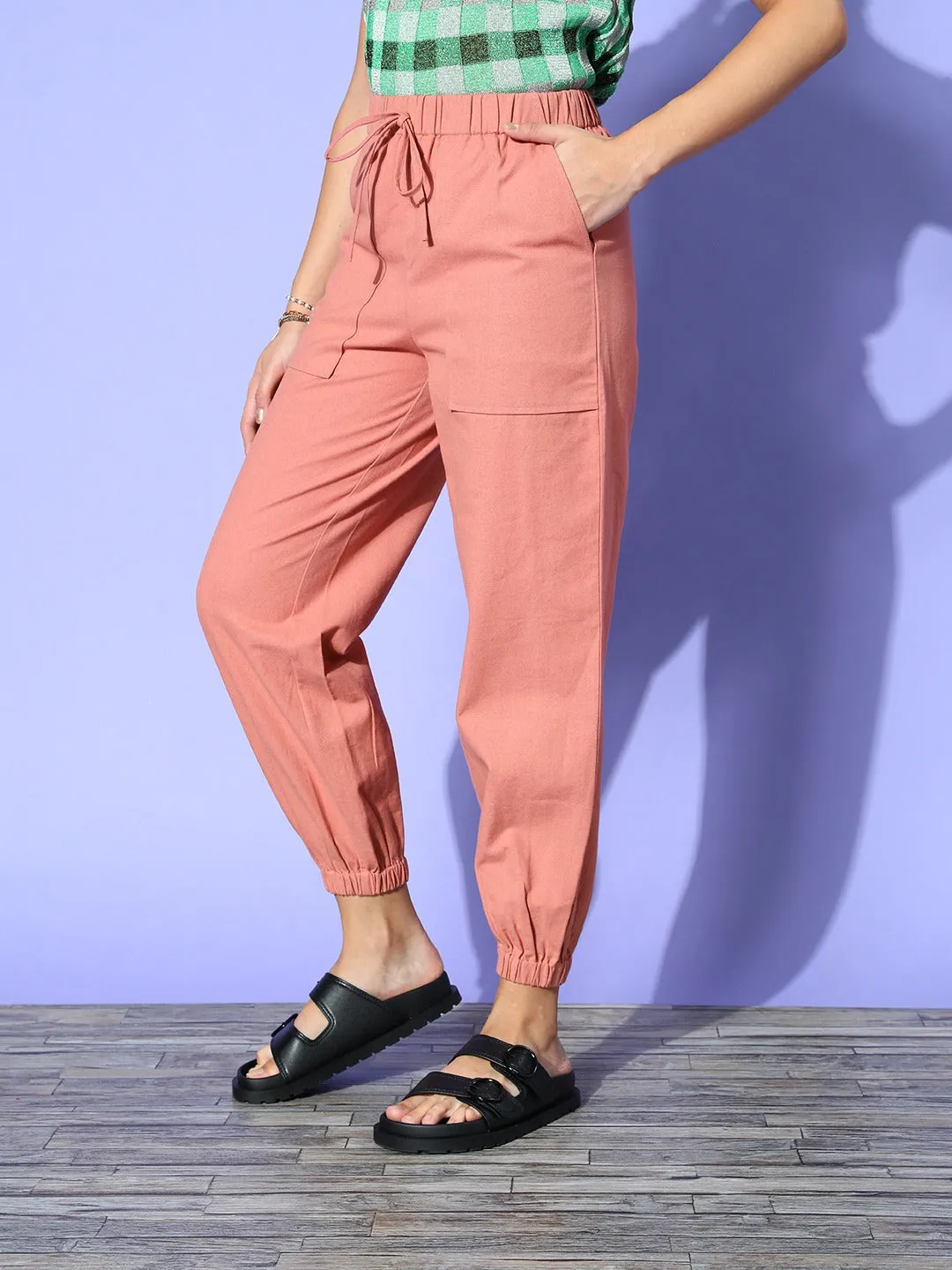 Berrylush Women Solid Pink Front Tie-Up 2-Pocket High-Rise Elastic Waist Pleated Regular Trousers