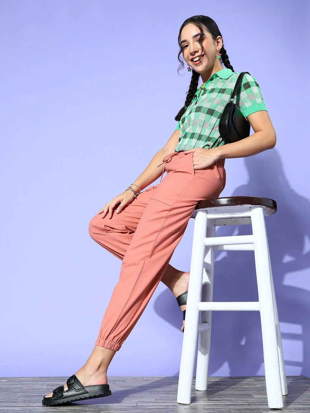 Berrylush Women Solid Pink Front Tie-Up 2-Pocket High-Rise Elastic Waist Pleated Regular Trousers