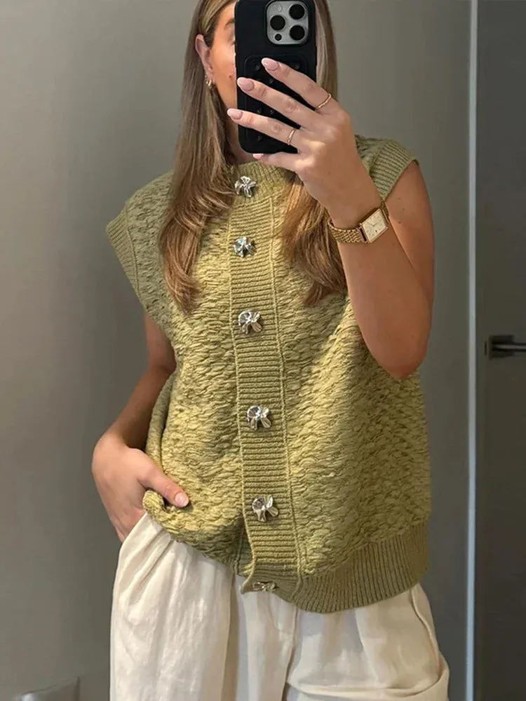 Black Friday Sonicelife Casual Knitted Vests Sweater For Women Fashion Button Sleeveless O-neck Cardigan Top Autumn 2024 Lady Versatile Knitwear