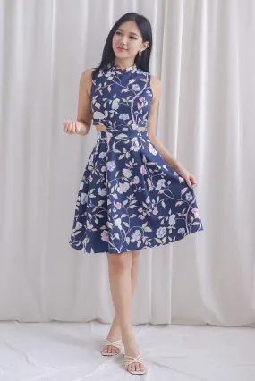 Bobbi Cut Out Waist Obi Sash Dress In Navy Blue