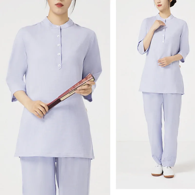 Buddha Stones 2Pcs Solid Color Three Quarter Shirt Top Pants Meditation Zen Tai Chi Cotton Linen Clothing Women's Set