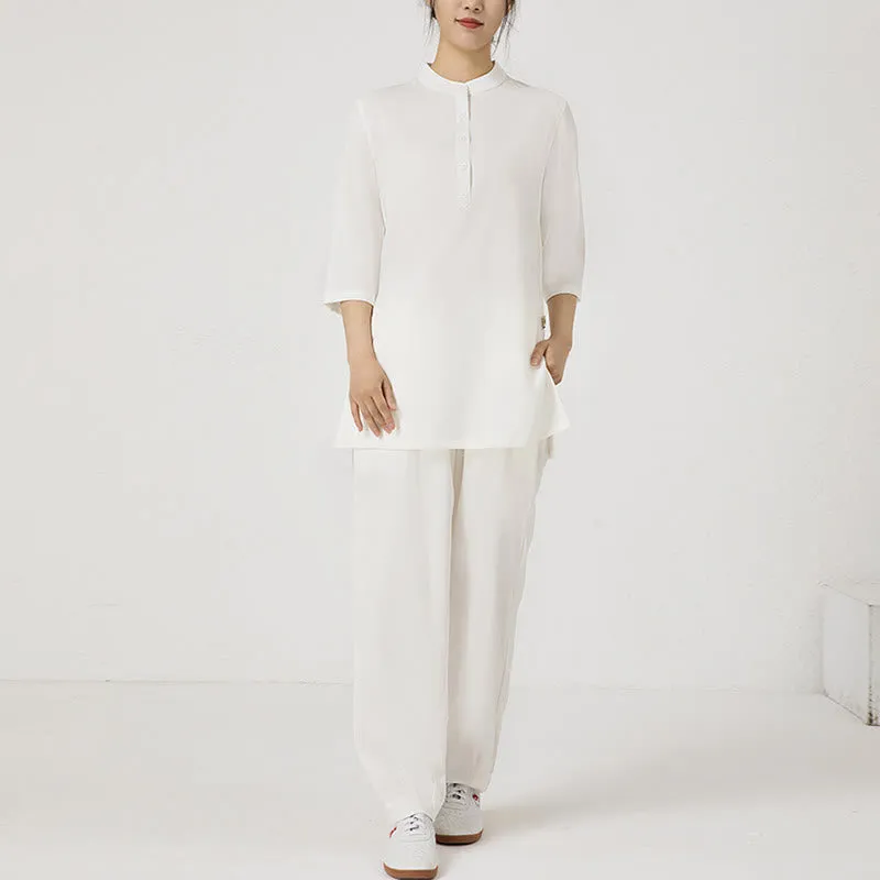 Buddha Stones 2Pcs Solid Color Three Quarter Shirt Top Pants Meditation Zen Tai Chi Cotton Linen Clothing Women's Set