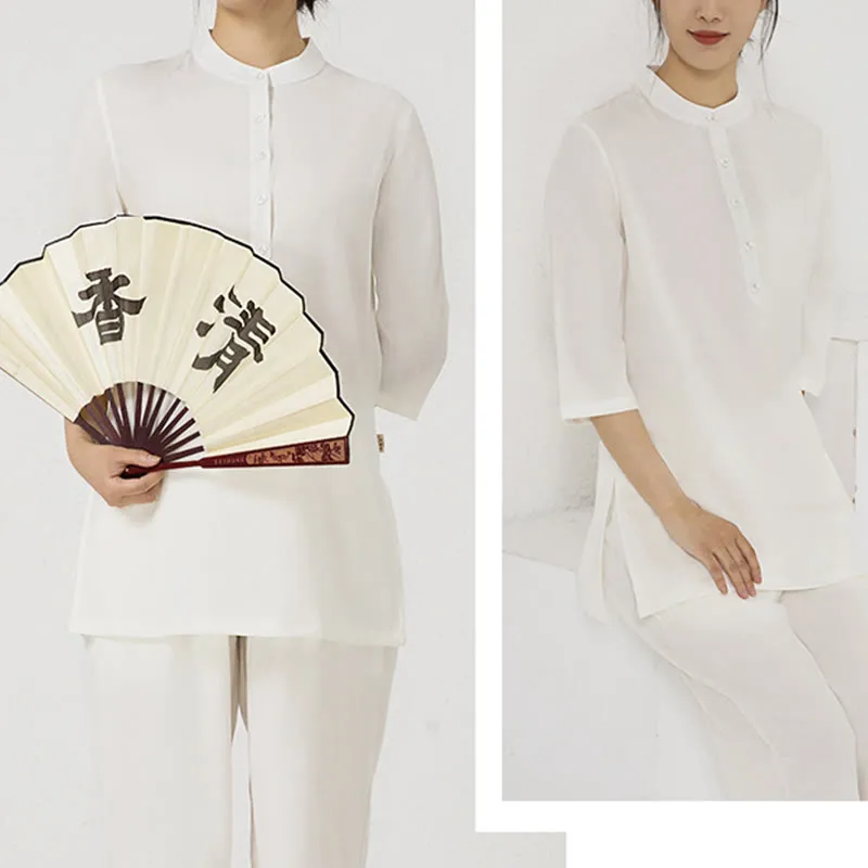 Buddha Stones 2Pcs Solid Color Three Quarter Shirt Top Pants Meditation Zen Tai Chi Cotton Linen Clothing Women's Set