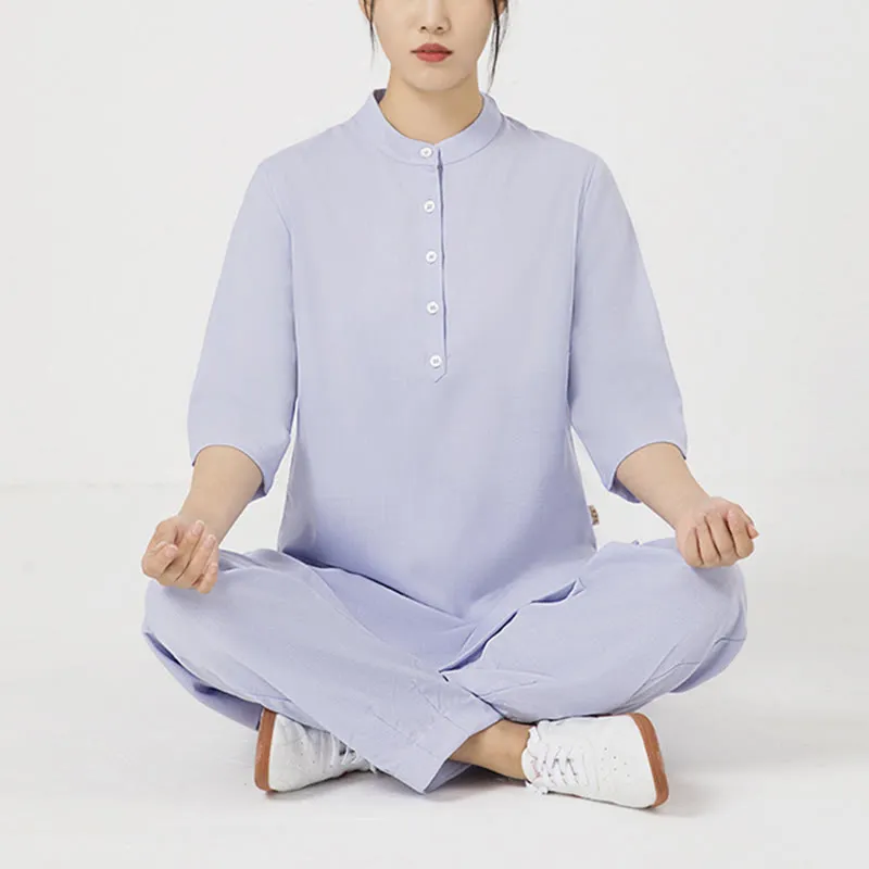 Buddha Stones 2Pcs Solid Color Three Quarter Shirt Top Pants Meditation Zen Tai Chi Cotton Linen Clothing Women's Set