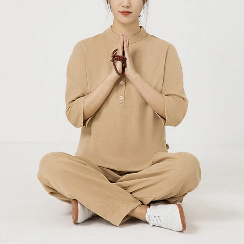 Buddha Stones 2Pcs Solid Color Three Quarter Shirt Top Pants Meditation Zen Tai Chi Cotton Linen Clothing Women's Set