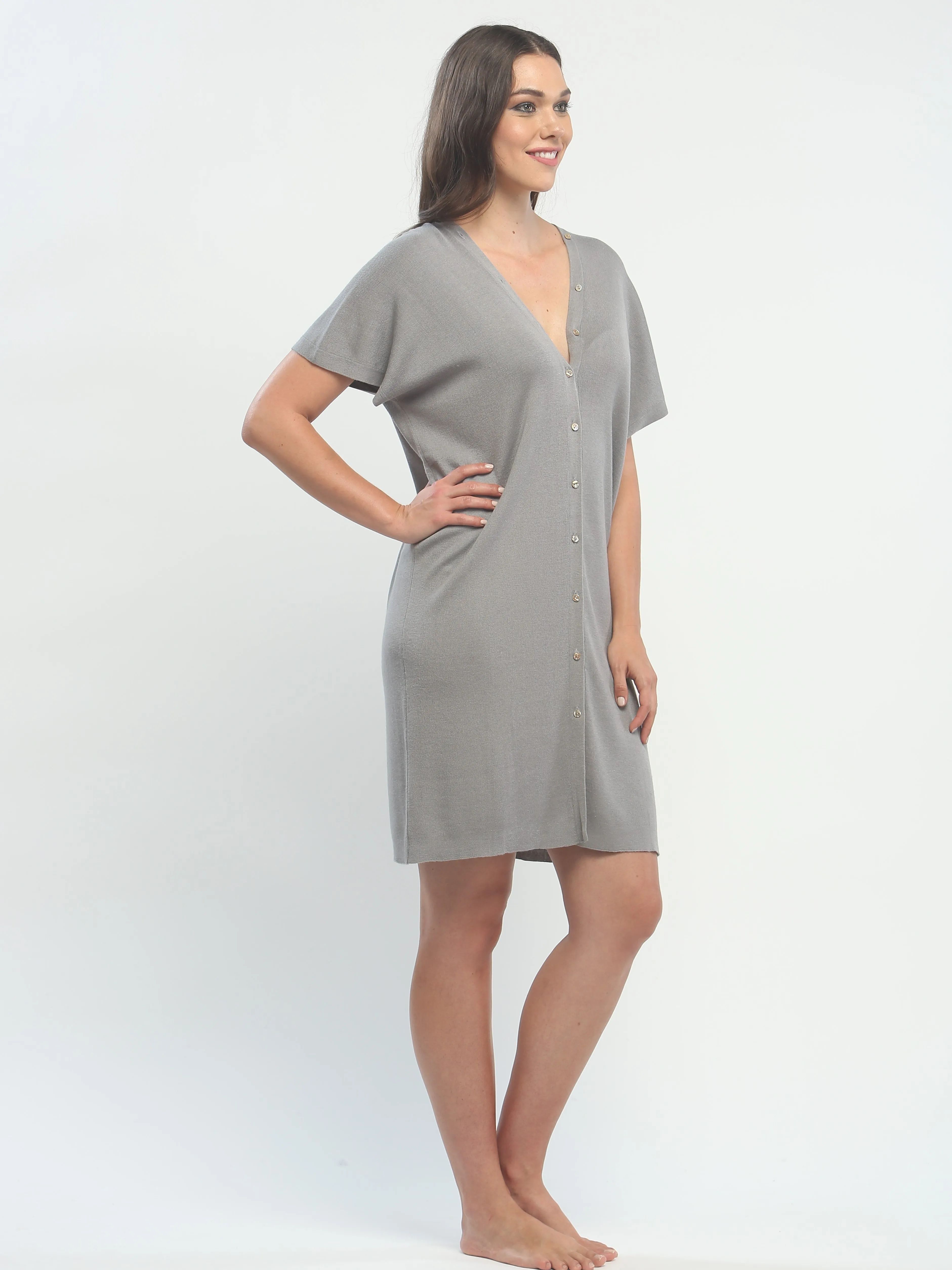 Button Down Double V Neck Dress in Knitted Silk