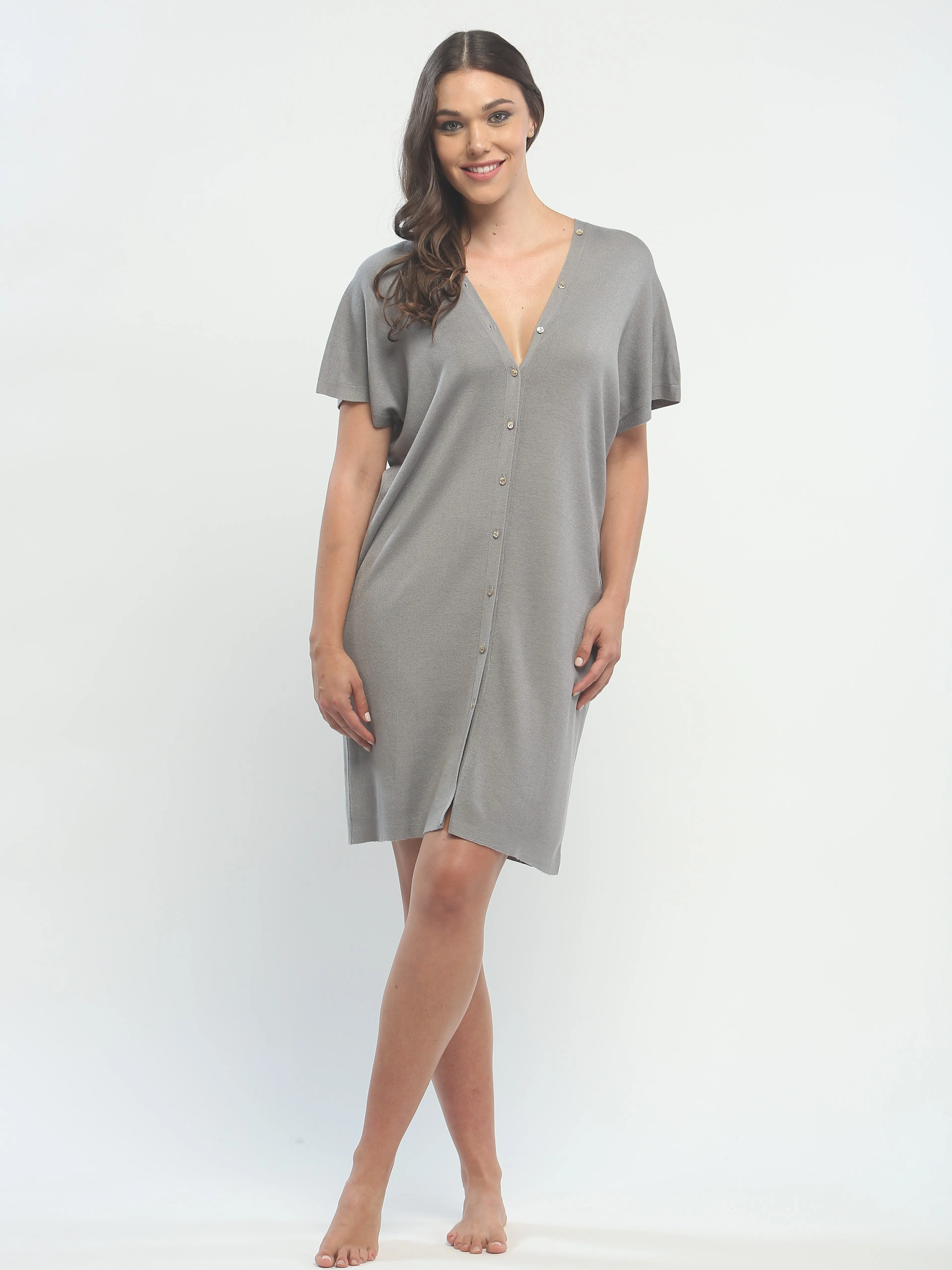 Button Down Double V Neck Dress in Knitted Silk