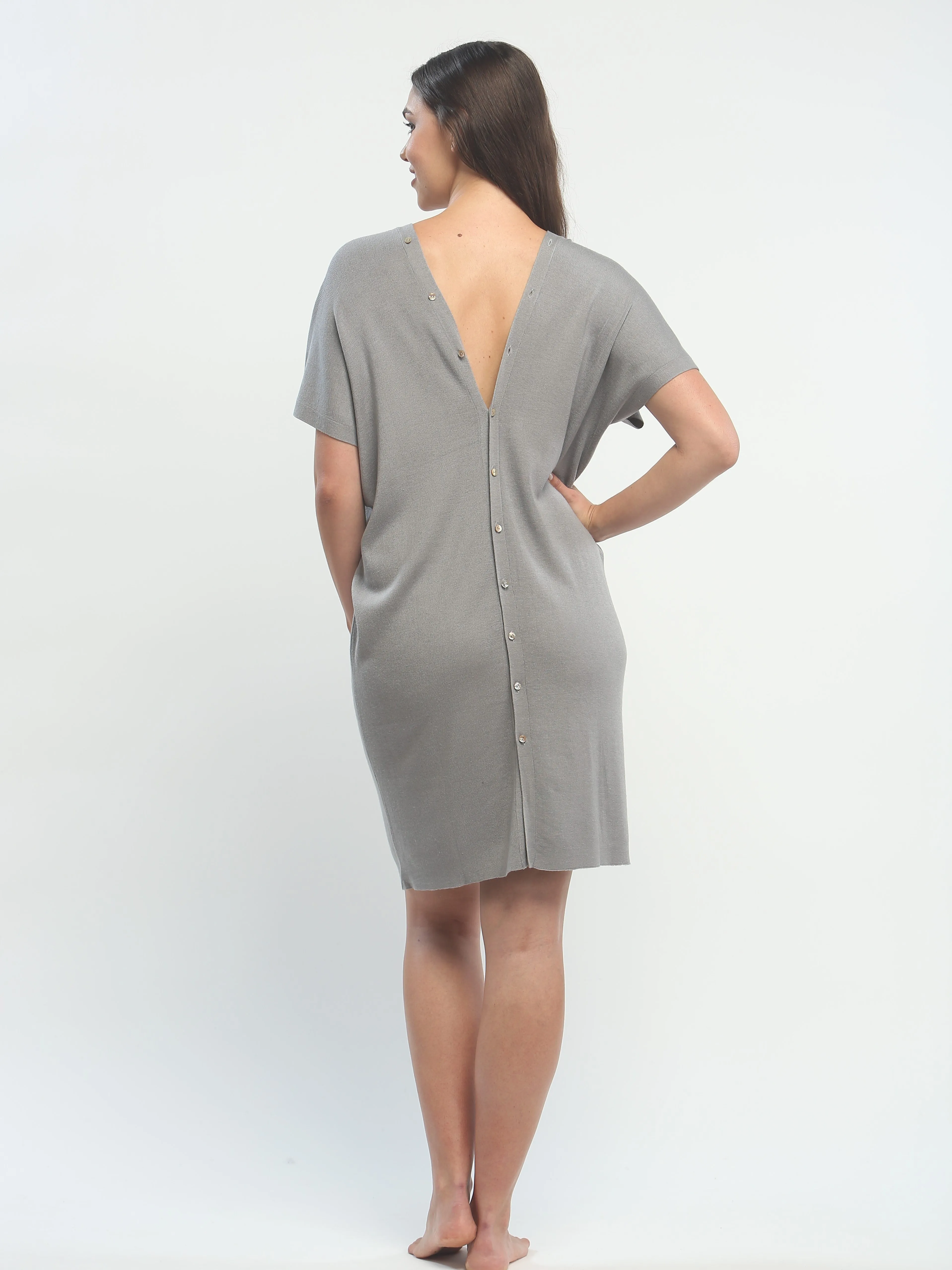 Button Down Double V Neck Dress in Knitted Silk