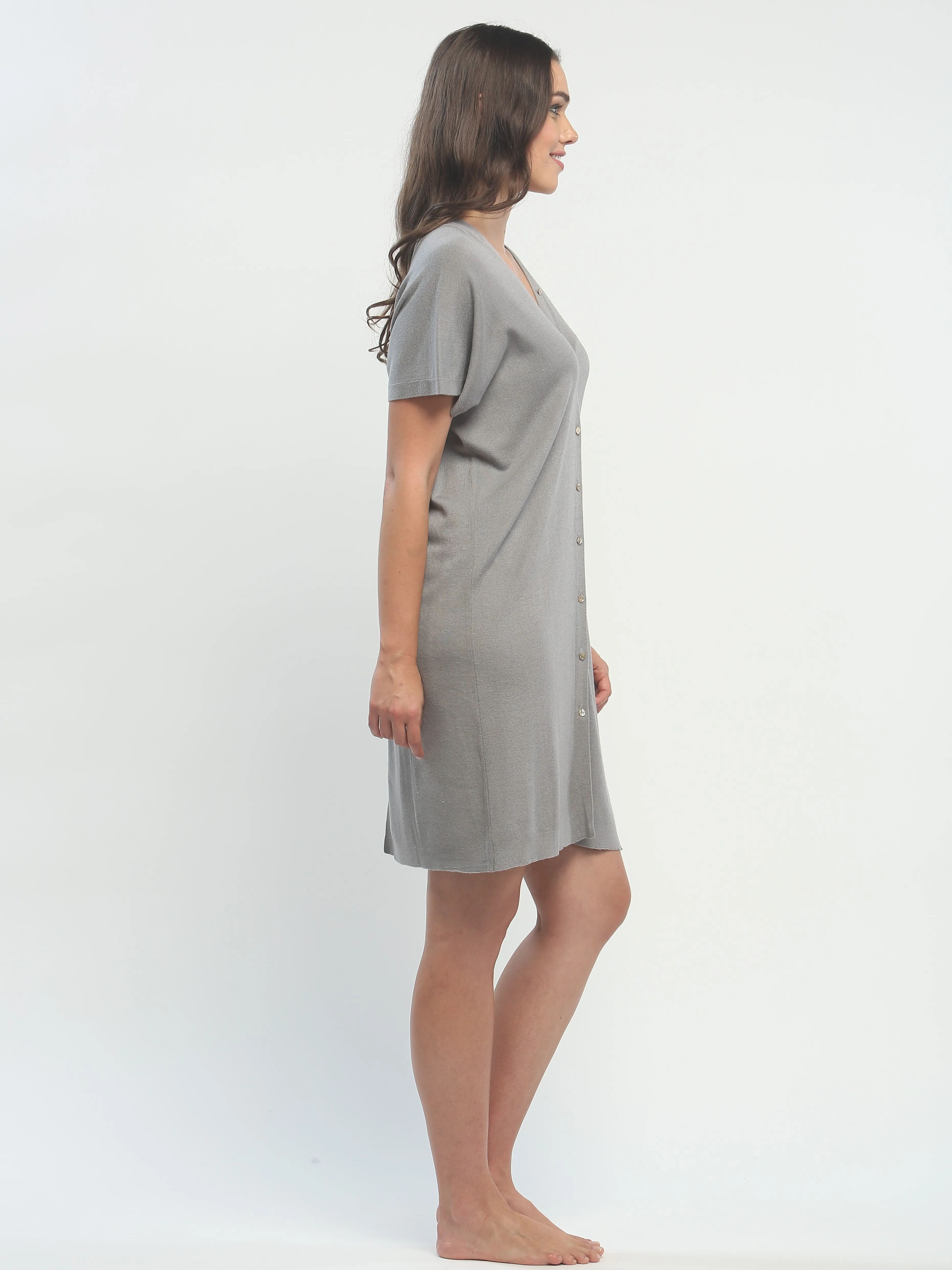 Button Down Double V Neck Dress in Knitted Silk