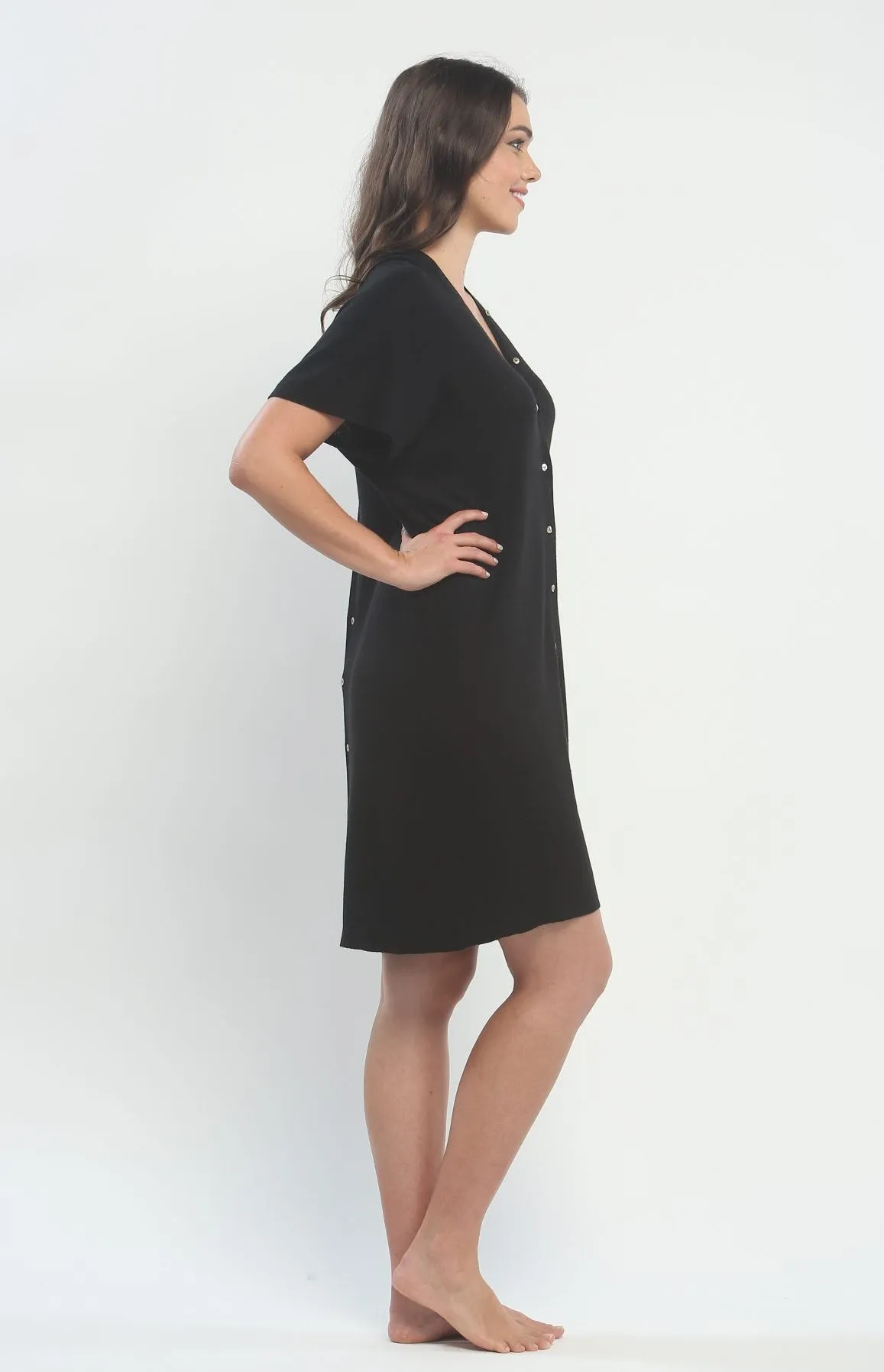 Button Down Double V Neck Dress in Knitted Silk