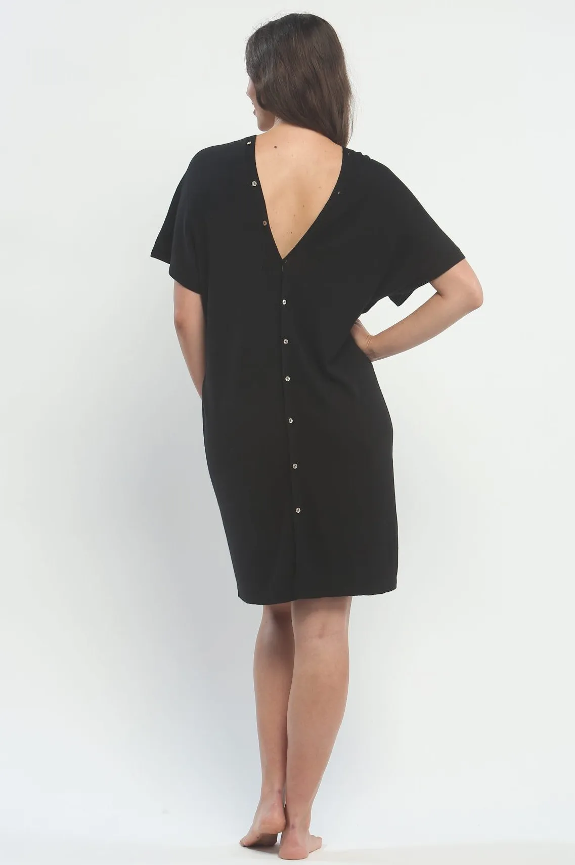 Button Down Double V Neck Dress in Knitted Silk