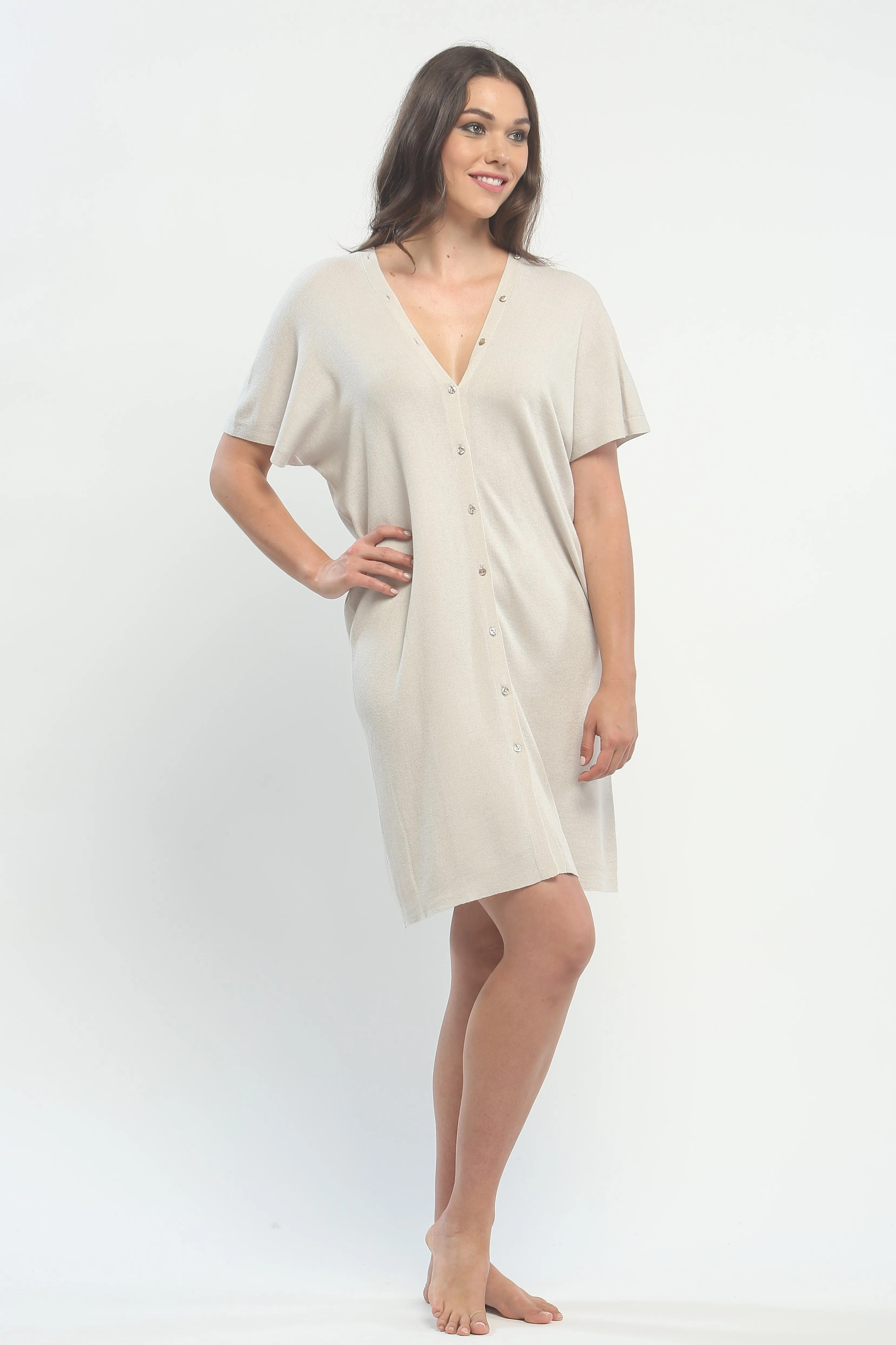 Button Down Double V Neck Dress in Knitted Silk
