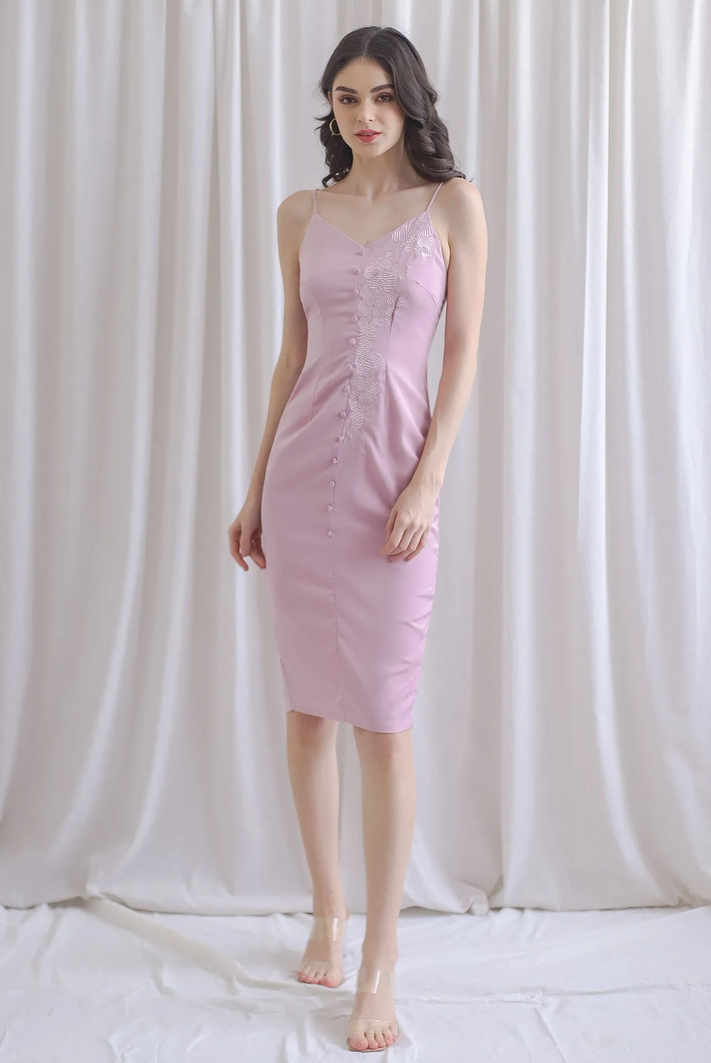 Chelo Applique Sateen Dress In Blush