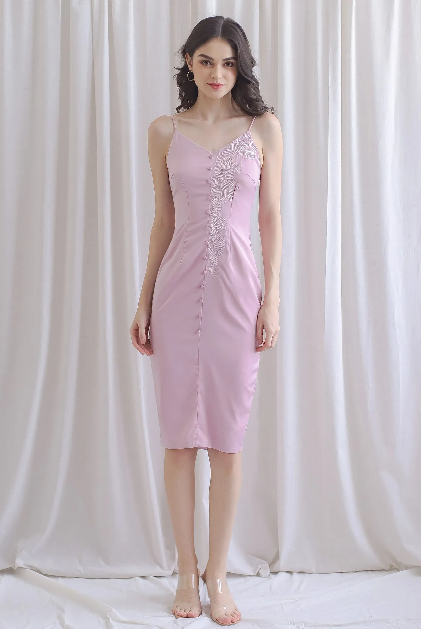 Chelo Applique Sateen Dress In Blush