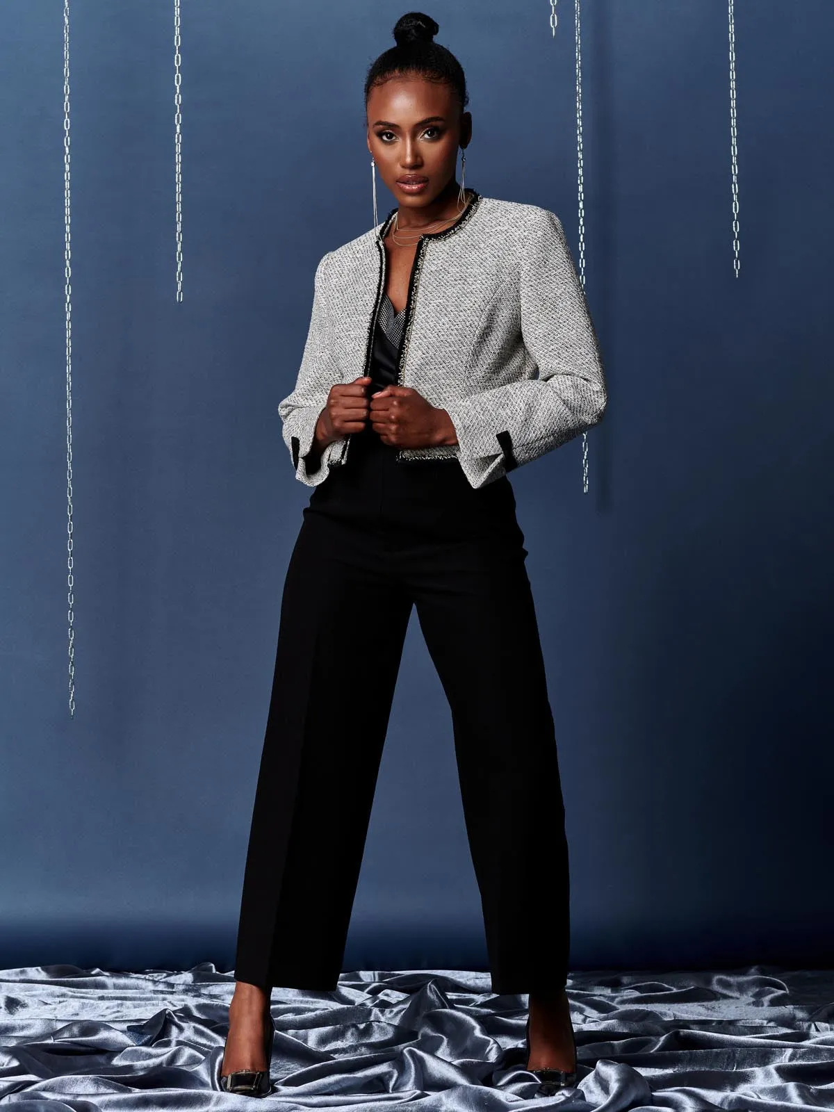 Contrast Trim Tweed Jacket, Monochrome