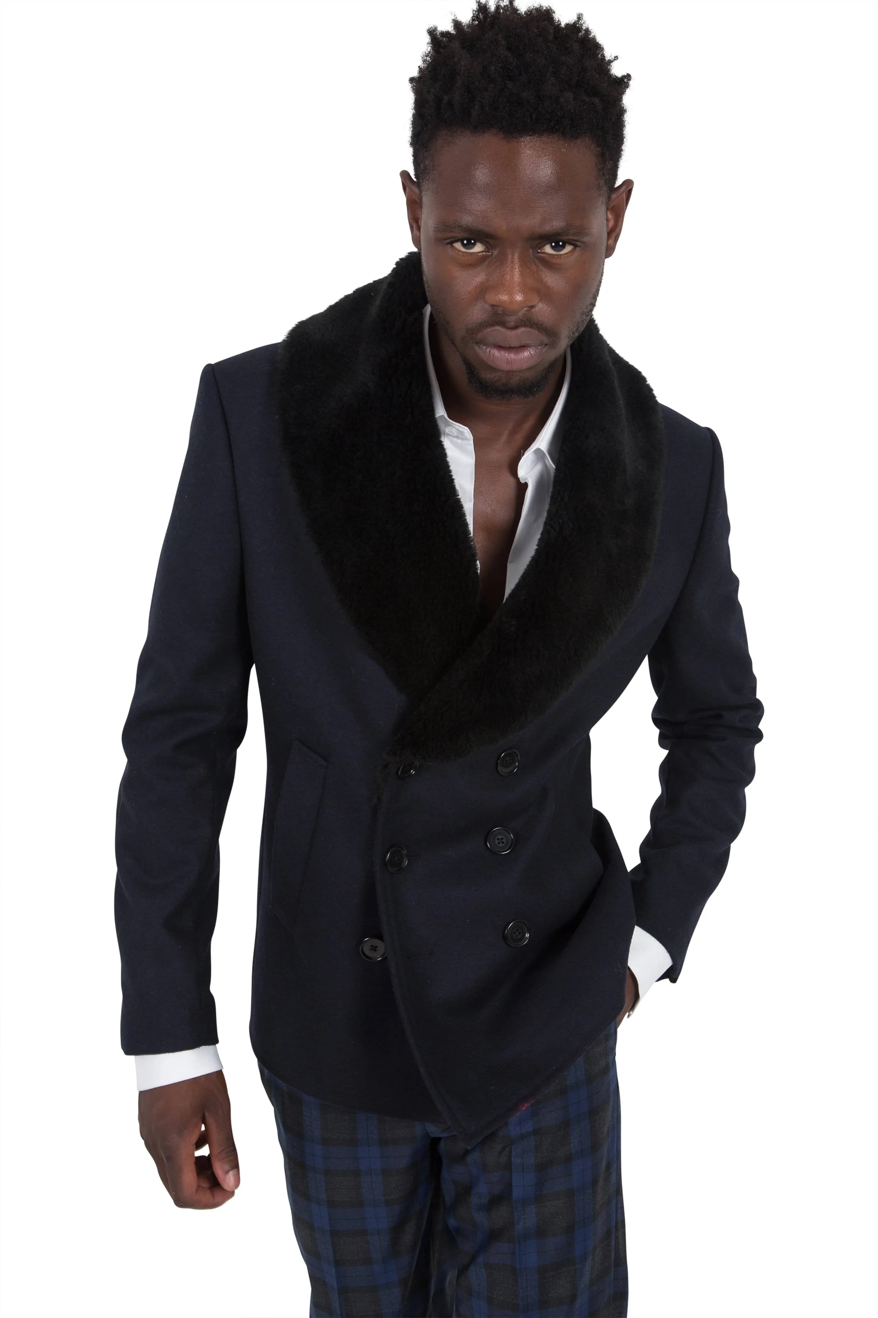 Dowland Skinny Fit Pea Coat with Faux Fur Lapels