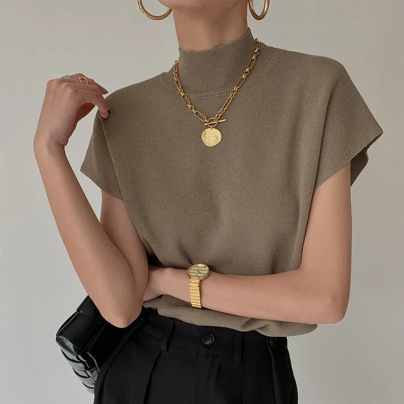 Elegant Office Lady Fashion: Solid Stand-up Collar Knitted Sweater Vest Shirt with Short Sleeve - Loose, All-Match, Straight Tops