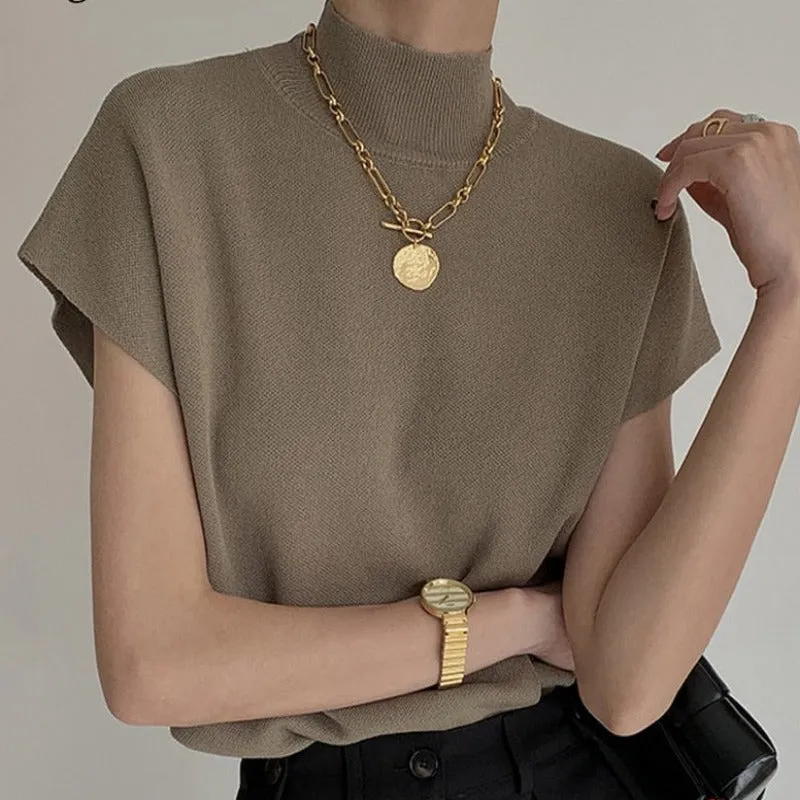 Elegant Office Lady Fashion: Solid Stand-up Collar Knitted Sweater Vest Shirt with Short Sleeve - Loose, All-Match, Straight Tops