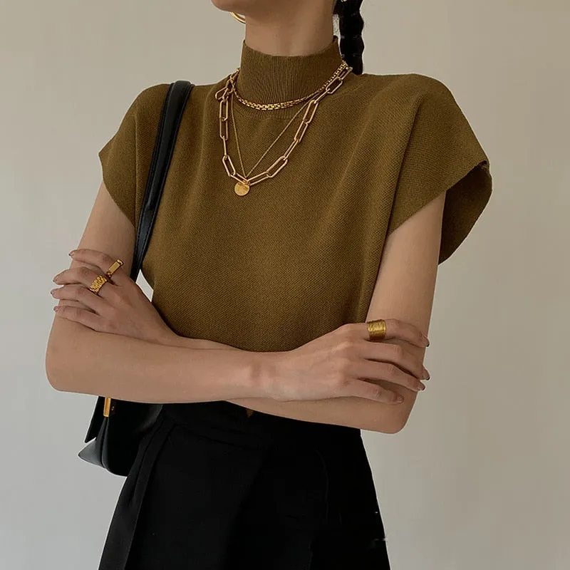 Elegant Office Lady Fashion: Solid Stand-up Collar Knitted Sweater Vest Shirt with Short Sleeve - Loose, All-Match, Straight Tops