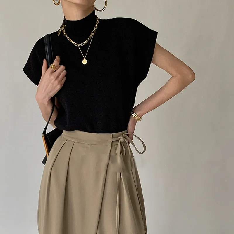 Elegant Office Lady Fashion: Solid Stand-up Collar Knitted Sweater Vest Shirt with Short Sleeve - Loose, All-Match, Straight Tops