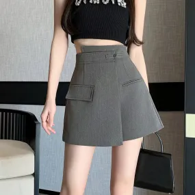 FashionSierra - New Chinese Style Gray Spring Summer A-line Culottes High Waist Shorts Women 2024 Shorts