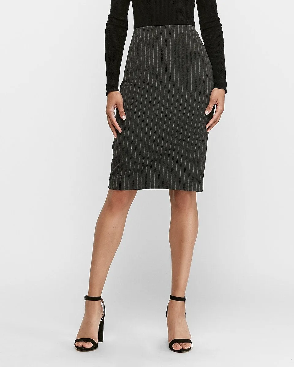 High Waisted Pinstripe Pencil Skirt in Neutral Plaid