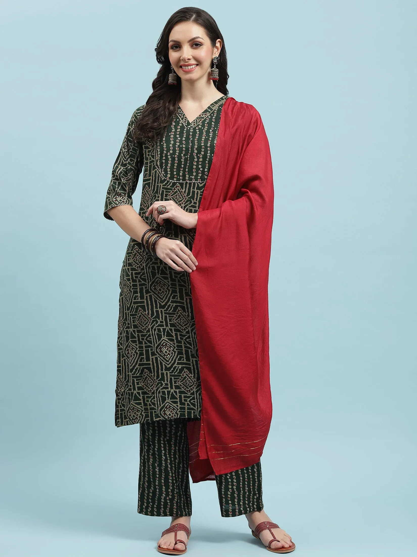 Indiessence Green Ornamental Printed Kurta Comfort Pant Dupatta