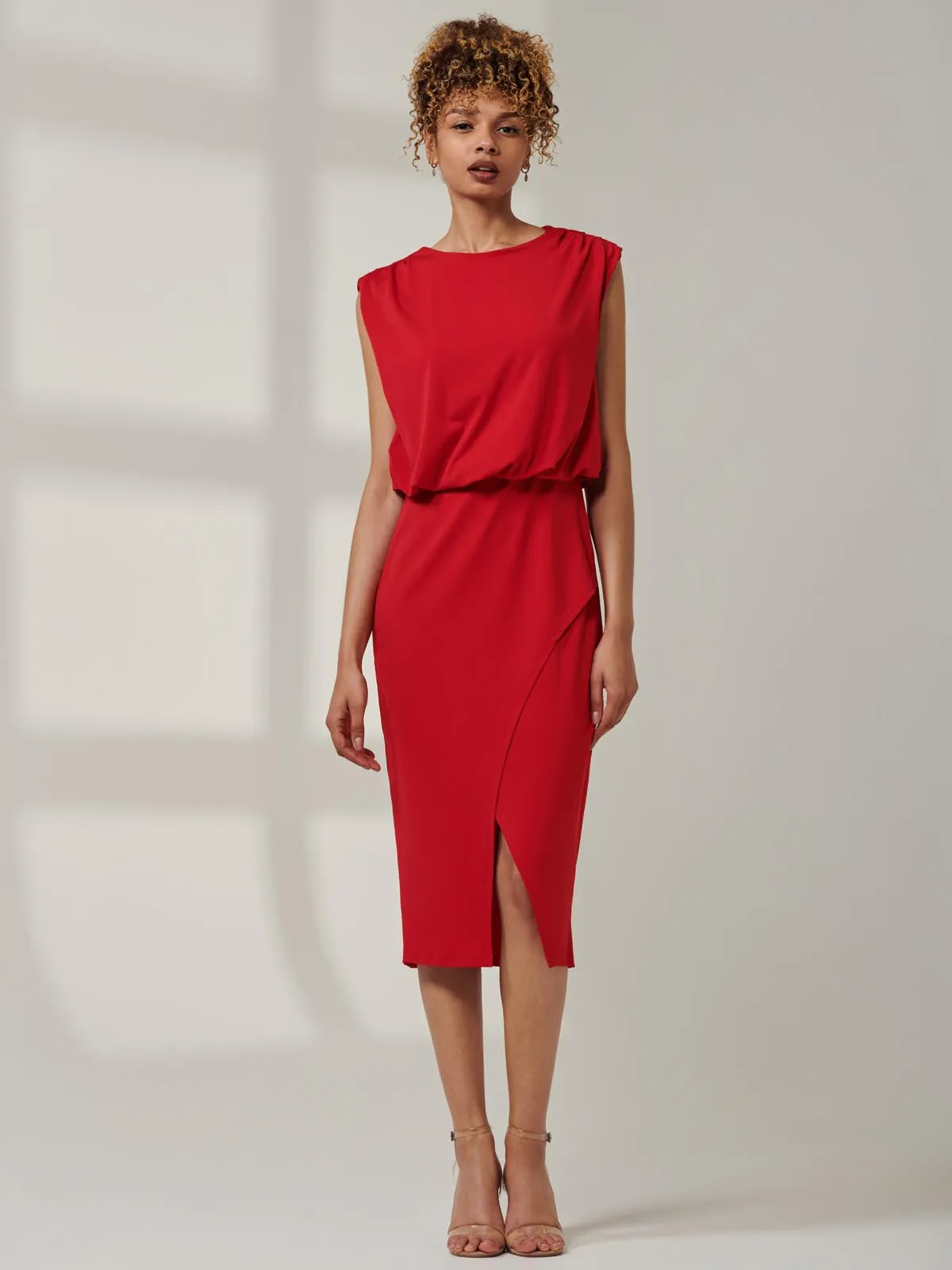 Kira Tiered Draped Bodycon Dress, Red