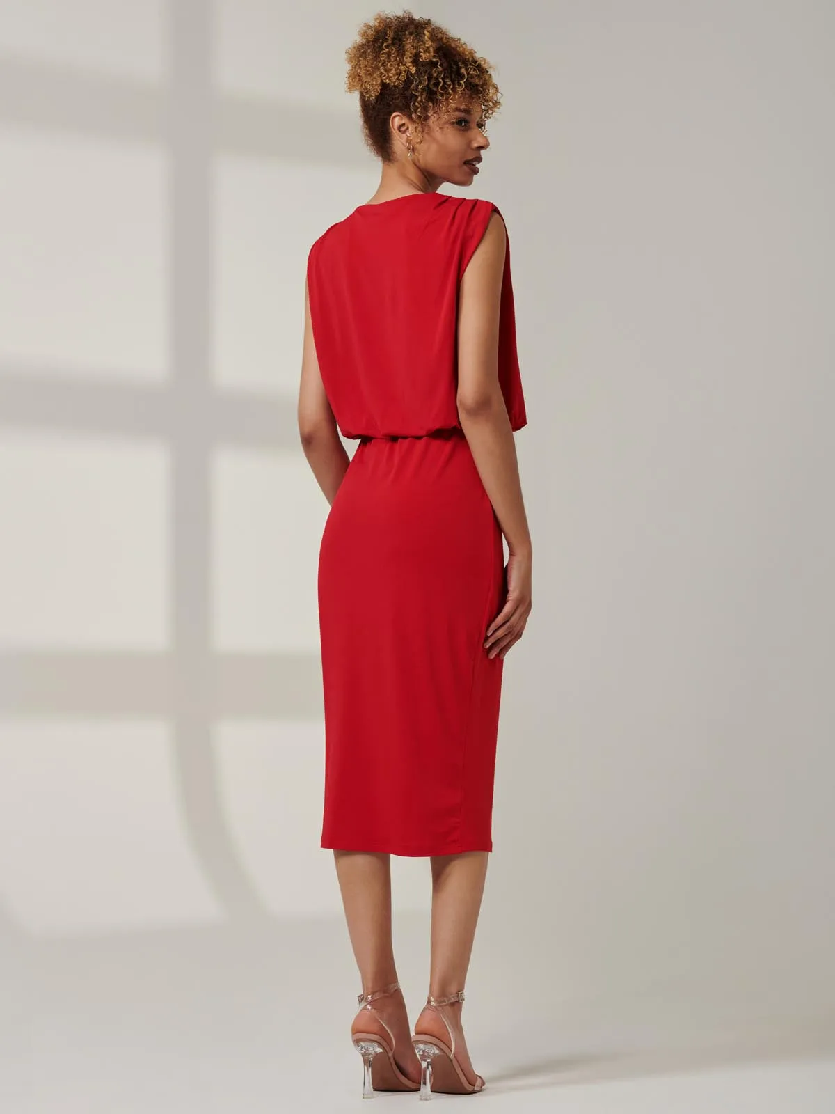Kira Tiered Draped Bodycon Dress, Red