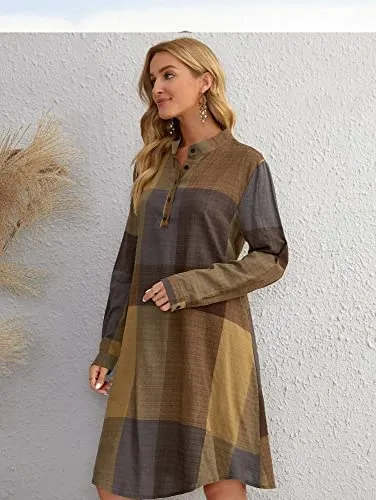 Leriya Fashion Western Dress || Rayon Color Block Half Button Front Dress for Women || Long Cuff Sleeve & Stand Collared Neck Tunic Dress || Office || Summer Dresses for Women. (XXX-Large, Mustard)