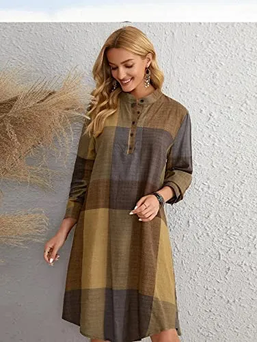 Leriya Fashion Western Dress || Rayon Color Block Half Button Front Dress for Women || Long Cuff Sleeve & Stand Collared Neck Tunic Dress || Office || Summer Dresses for Women. (XXX-Large, Mustard)