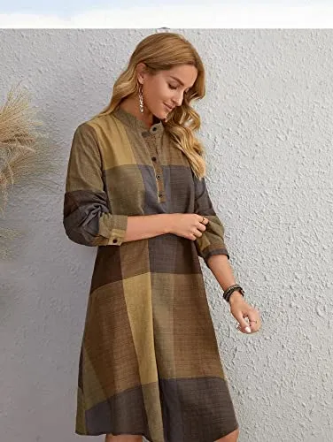 Leriya Fashion Western Dress || Rayon Color Block Half Button Front Dress for Women || Long Cuff Sleeve & Stand Collared Neck Tunic Dress || Office || Summer Dresses for Women. (XXX-Large, Mustard)