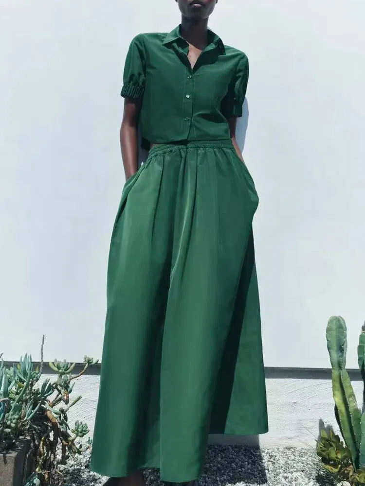 Metaversmall Casual Two Piece Sets For Women Lapel Short Sleeve Spliced Button Shirts High Waist A Line Long Skirt Minimalist Set Female