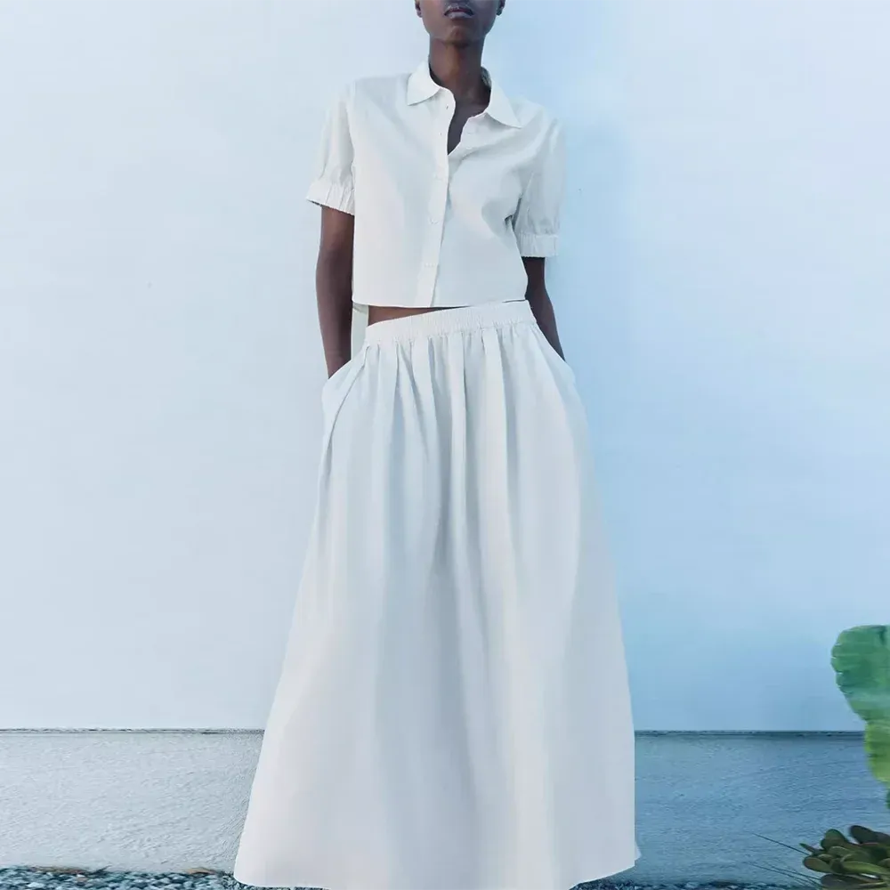 Metaversmall Casual Two Piece Sets For Women Lapel Short Sleeve Spliced Button Shirts High Waist A Line Long Skirt Minimalist Set Female