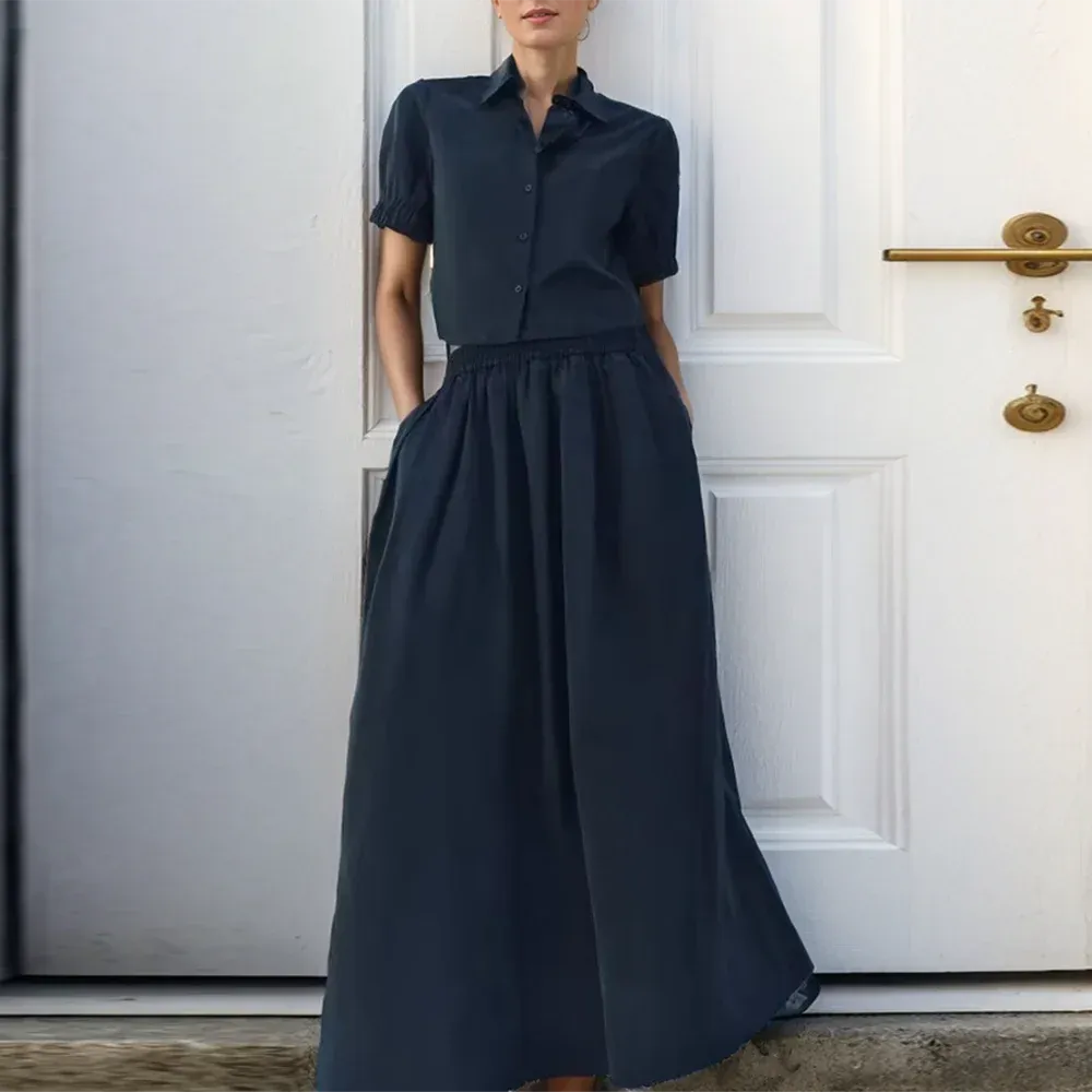 Metaversmall Casual Two Piece Sets For Women Lapel Short Sleeve Spliced Button Shirts High Waist A Line Long Skirt Minimalist Set Female