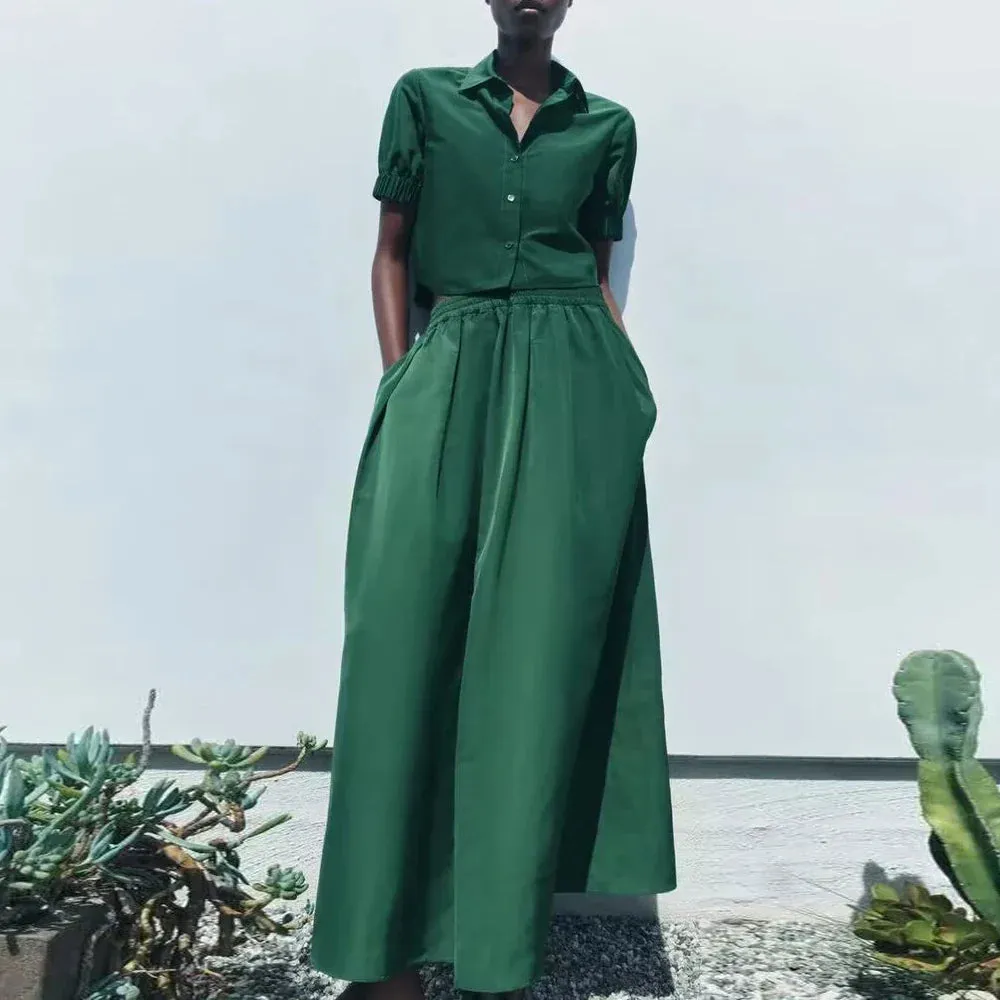 Metaversmall Casual Two Piece Sets For Women Lapel Short Sleeve Spliced Button Shirts High Waist A Line Long Skirt Minimalist Set Female