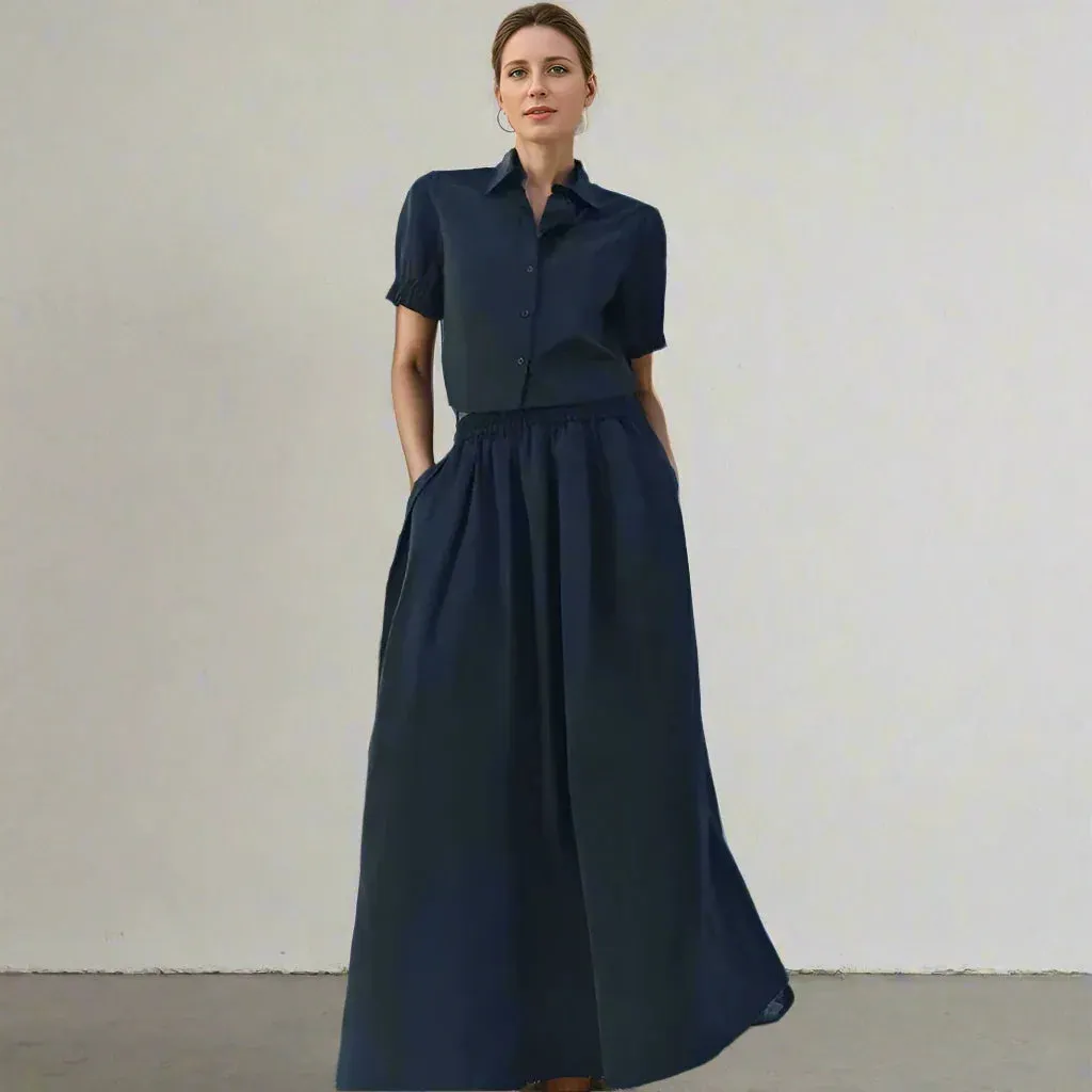 Metaversmall Casual Two Piece Sets For Women Lapel Short Sleeve Spliced Button Shirts High Waist A Line Long Skirt Minimalist Set Female