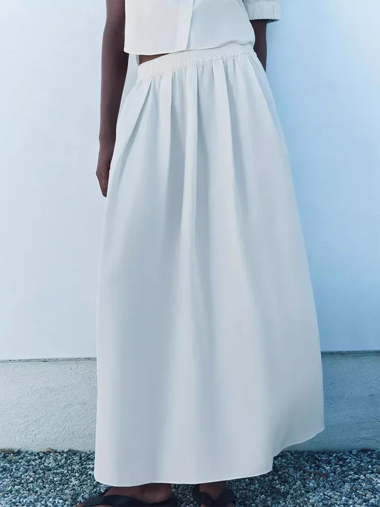 Metaversmall Casual Two Piece Sets For Women Lapel Short Sleeve Spliced Button Shirts High Waist A Line Long Skirt Minimalist Set Female