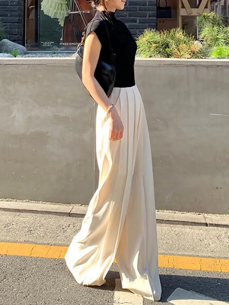Minimalist Trousers For Women High Waist Folds Patchwork Pocket Temperament Wide Leg Pants Female Autumn