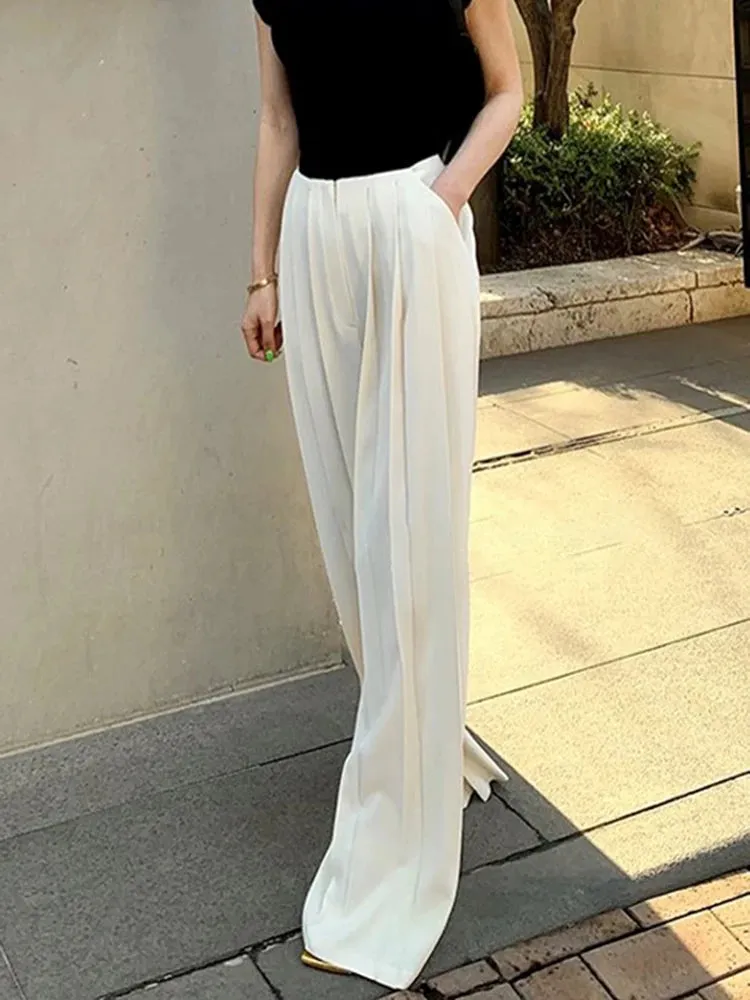 Minimalist Trousers For Women High Waist Folds Patchwork Pocket Temperament Wide Leg Pants Female Autumn