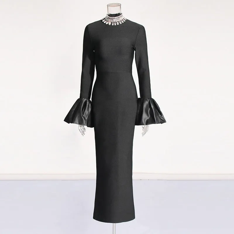 Pre Order: Trumpet Sleeves Ruffled Edge Hip Hugging Bandage Dress