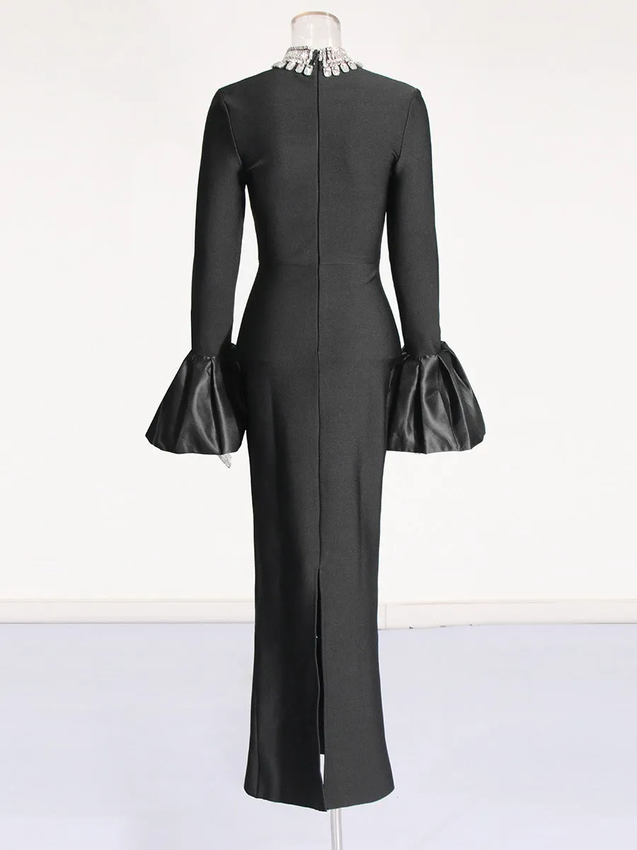 Pre Order: Trumpet Sleeves Ruffled Edge Hip Hugging Bandage Dress