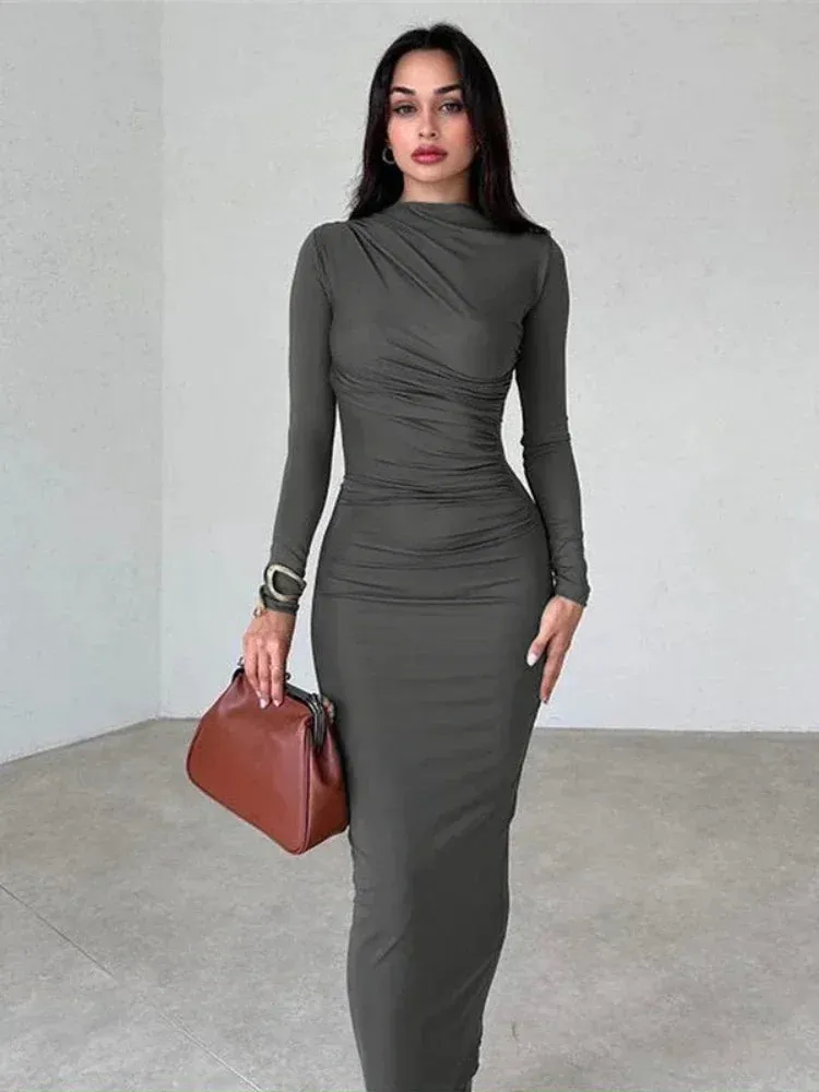 Ruched Long Sleeve Bodycon Dresses for Women Fall Winter Clothes Elegant Fashion All Black Dress Party C83-CF32