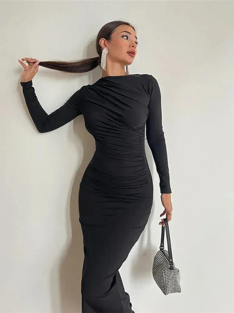 Ruched Long Sleeve Bodycon Dresses for Women Fall Winter Clothes Elegant Fashion All Black Dress Party C83-CF32