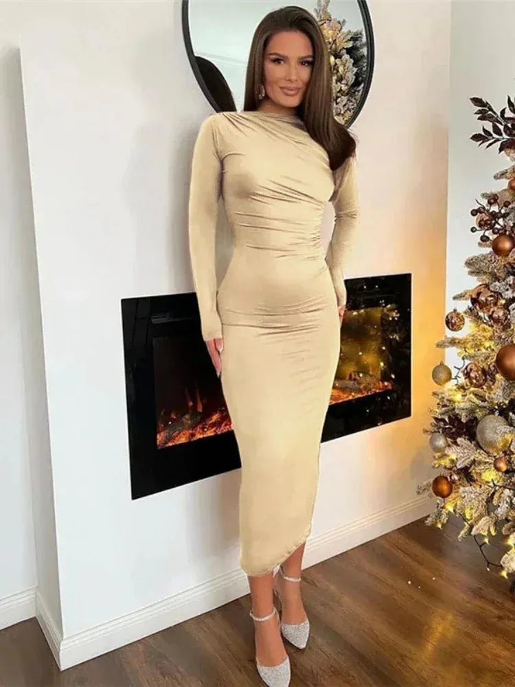 Ruched Long Sleeve Bodycon Dresses for Women Fall Winter Clothes Elegant Fashion All Black Dress Party C83-CF32