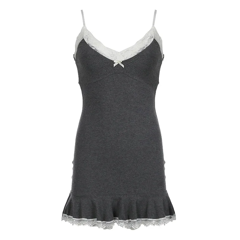 Stripe Vintage Bodycon Sexy Dress Summer Bow Lace Spliced Ruffles Fashion Party Mini Dresses Women Y2K Aesthetic Slim