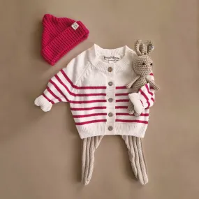 Striped Cardigan - Ivory & Very Berry
