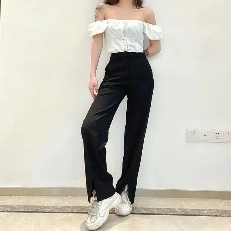 TAVIMART  -  Slit Trousers High Waist Design Women Fashion Casual Mopping Solid Basic Teens Vintage Popular Minimalist Trousers
