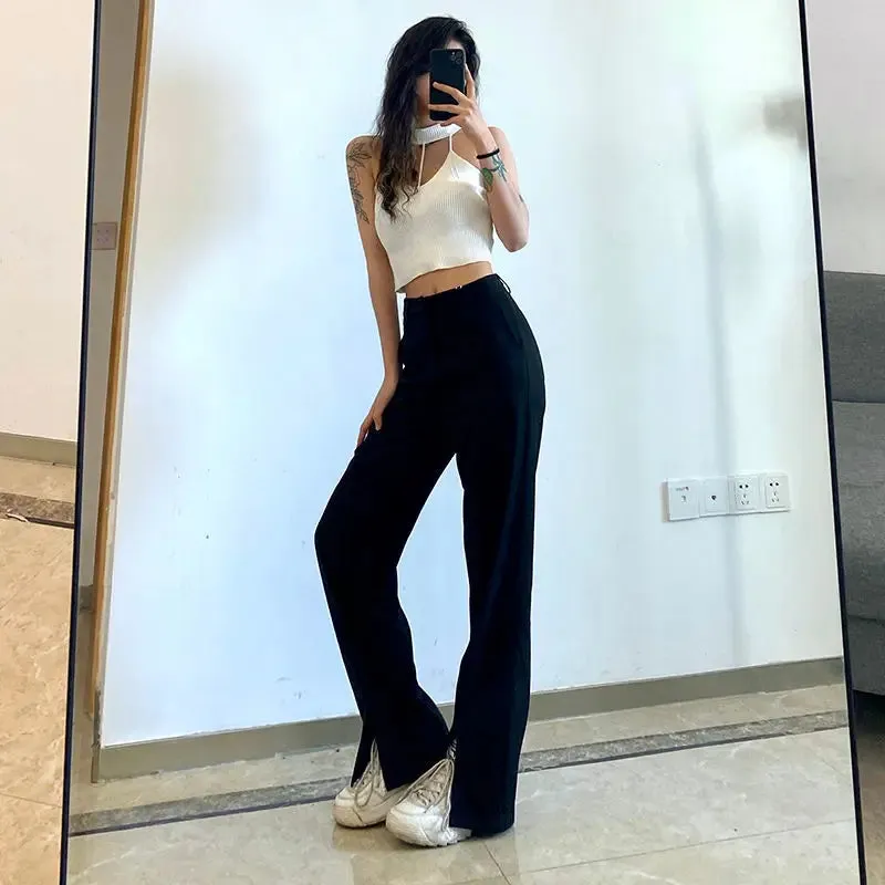 TAVIMART  -  Slit Trousers High Waist Design Women Fashion Casual Mopping Solid Basic Teens Vintage Popular Minimalist Trousers